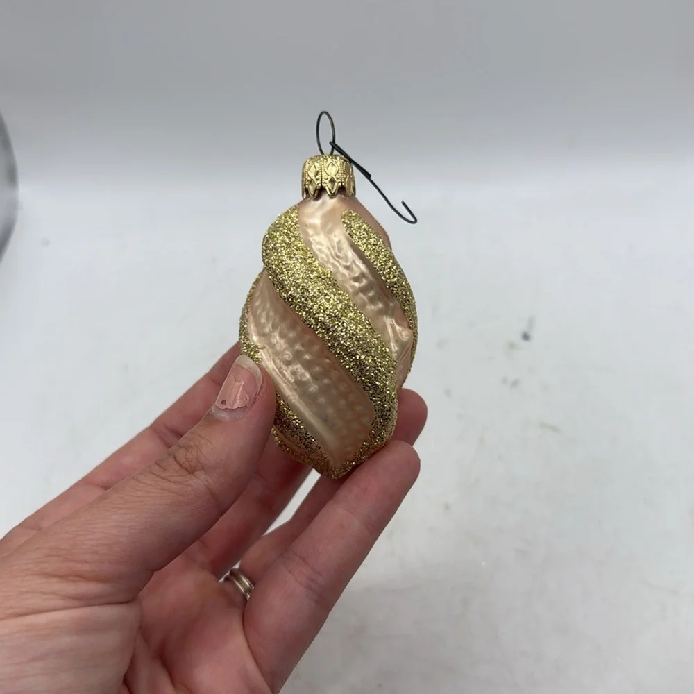 Vtg W Germany Gold Blue Glitter Christmas Glass Ornament Set 5 Collectible Swirl